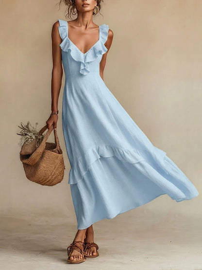 Sleeveless Ruffle Detail High-Waist Maxi Dress – 7 Colors, S–3XL