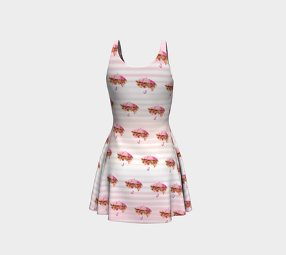 Pink Umbrella Floral Pattern Short Flare Dress