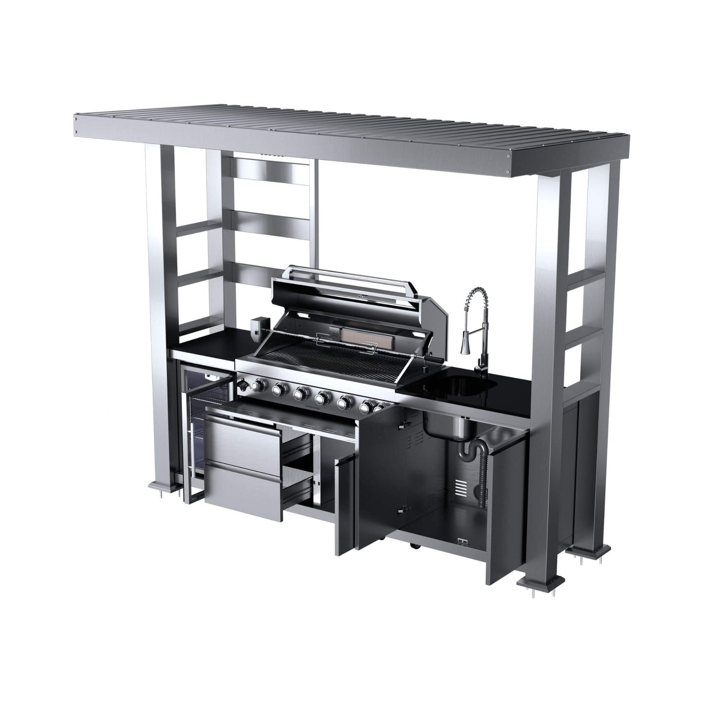 Castelle Flame Blaze 108-Inch 6-Burner 85K BTU Deluxe Stainless Steel Liquid Propane Outdoor Kitchen Grill Island With Wine Cooler, Rotisserie, Cabinets, And Granite Countertops (SAK58310)