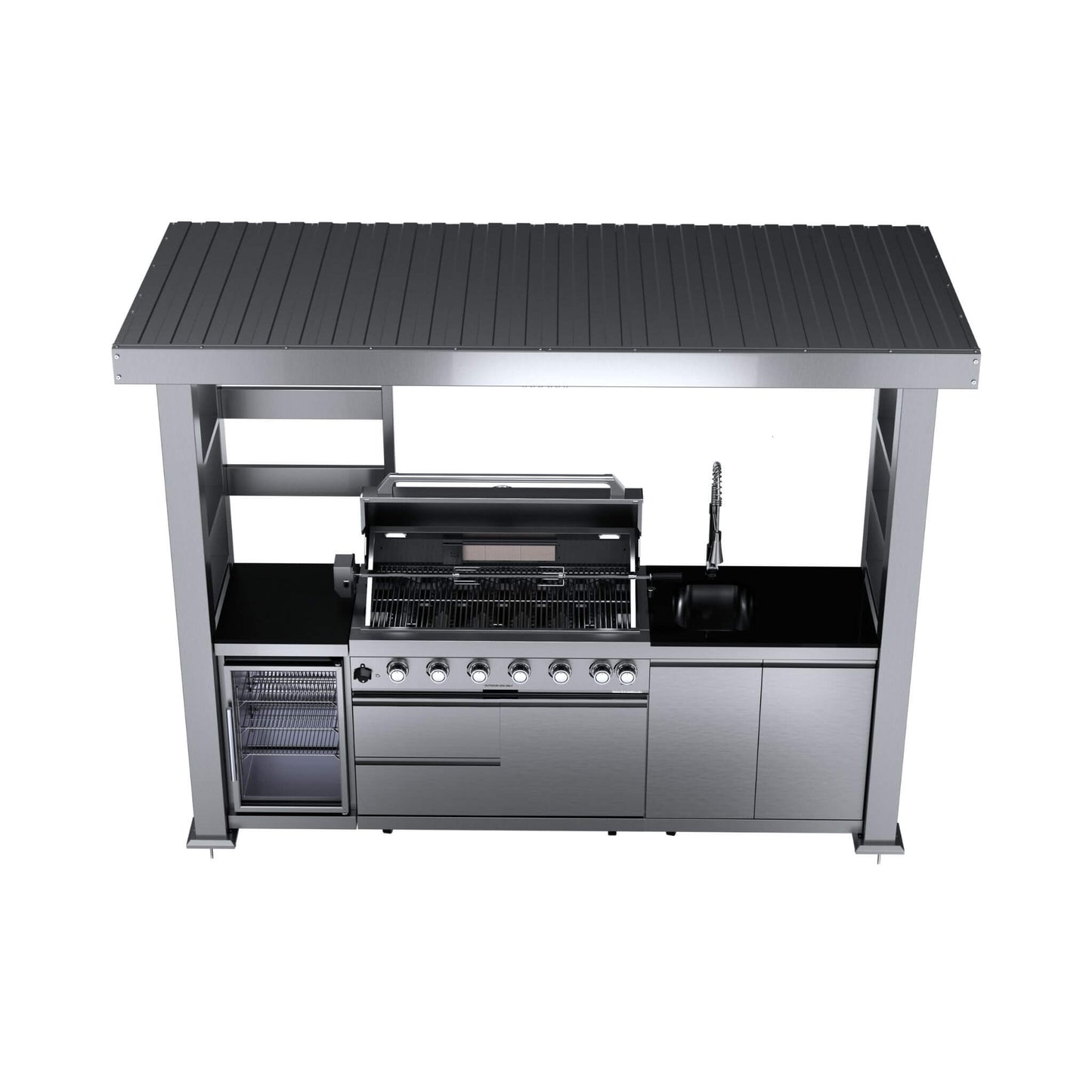 Castelle Flame Blaze 108-Inch 6-Burner 85K BTU Deluxe Stainless Steel Liquid Propane Outdoor Kitchen Grill Island With Wine Cooler, Rotisserie, Cabinets, And Granite Countertops (SAK58310)