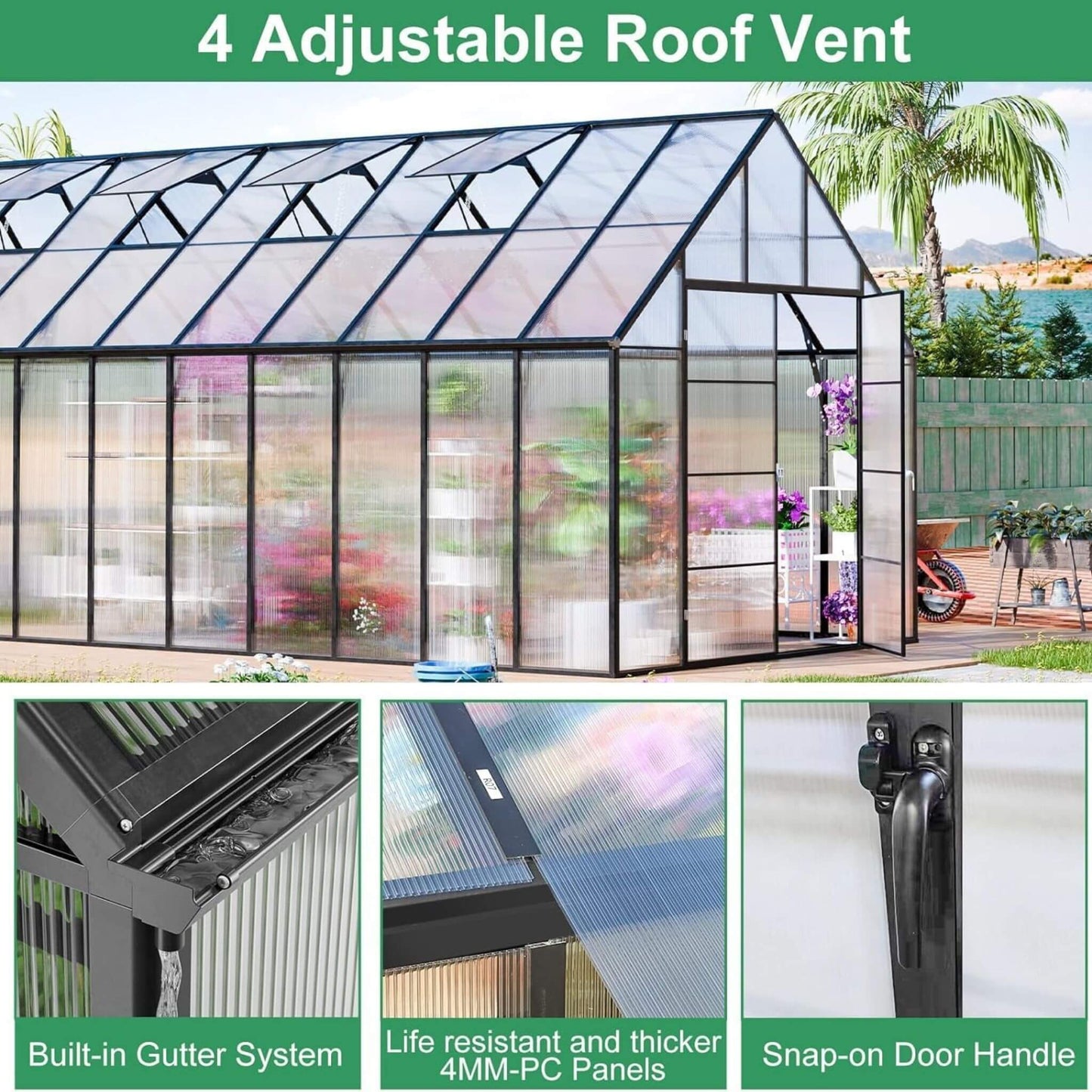 [10X20FT] Extra-Large Heavy-Duty Outdoor Backyard Greenhouse With Adjustable Roof Vents, 4MM (SAK59482)