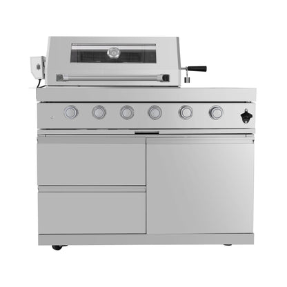 Castelle Flame Imperial 110-Inch 4-Burner 72K BTU Deluxe Stainless Steel Outdoor Kitchen Grill Island With Wine Cooler, Rotisserie, Cabinets, And Granite Countertops (SAK94721)