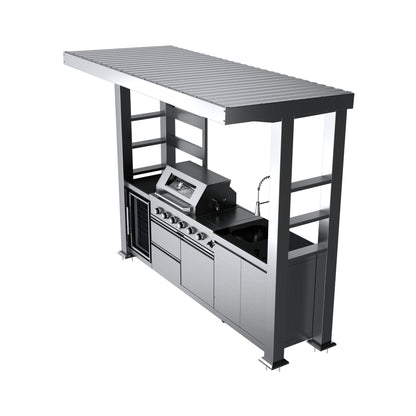 Castelle Flame Imperial 110-Inch 4-Burner 72K BTU Deluxe Stainless Steel Outdoor Kitchen Grill Island With Wine Cooler, Rotisserie, Cabinets, And Granite Countertops (SAK94721)