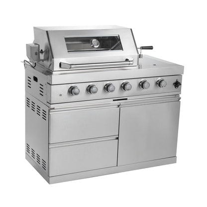 Castelle Flame Imperial 110-Inch 4-Burner 72K BTU Deluxe Stainless Steel Outdoor Kitchen Grill Island With Wine Cooler, Rotisserie, Cabinets, And Granite Countertops (SAK94721)