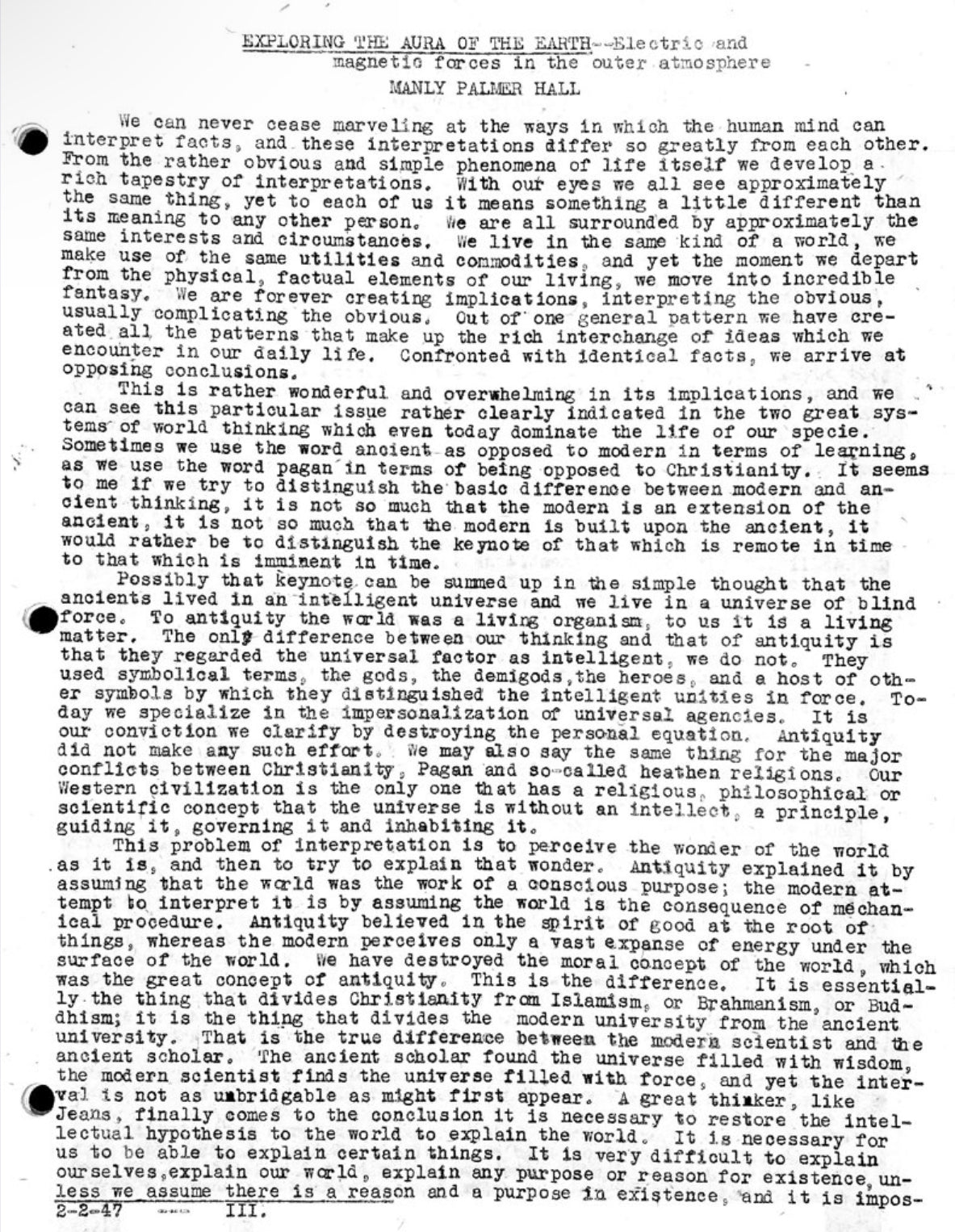 Exploring the Aura of the Earth: Electric and Magnetic Forces in the Outer Atmosphere — Manly P. Hall — Lecture Papers No. 16