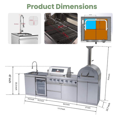 Blazon 112-Inch 4-Burner 108K BTU Outdoor Kitchen Island With Pizza Oven, Rotisserie & Refrigerator (SAK94565)