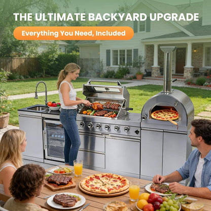 Blazon 112-Inch 4-Burner 108K BTU Outdoor Kitchen Island With Pizza Oven, Rotisserie & Refrigerator (SAK94565)