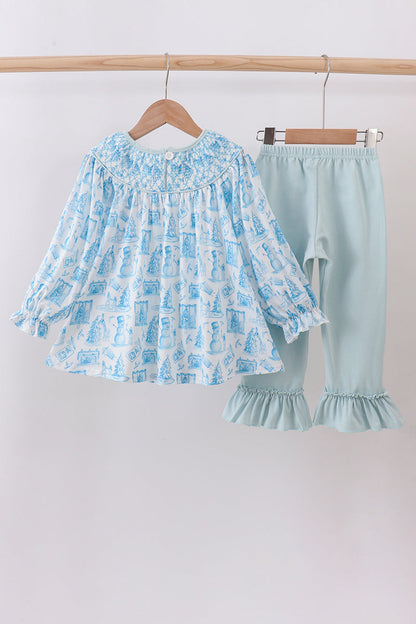 Blue snowman christmas tree smocked ruffle pants set