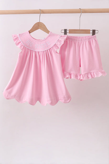Pink big sister embroidery ruffle shorts set