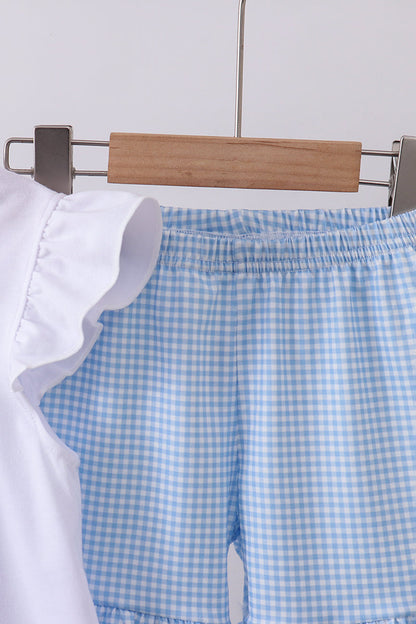 Blue character fireworks embroidery gingham ruffle shorts set