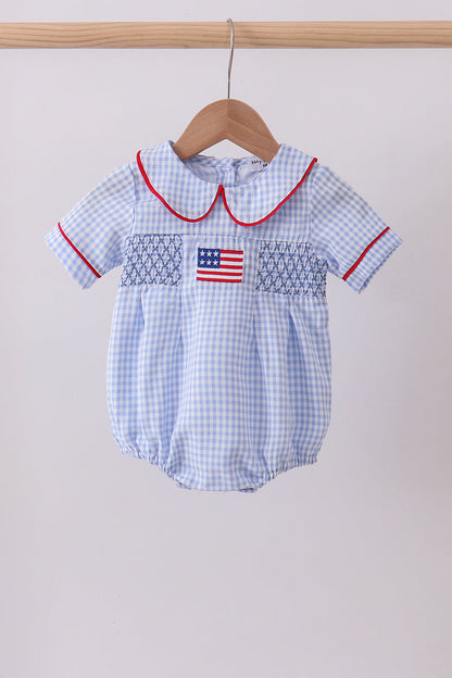 Blue flag smocked peter pan collar gingham bubble