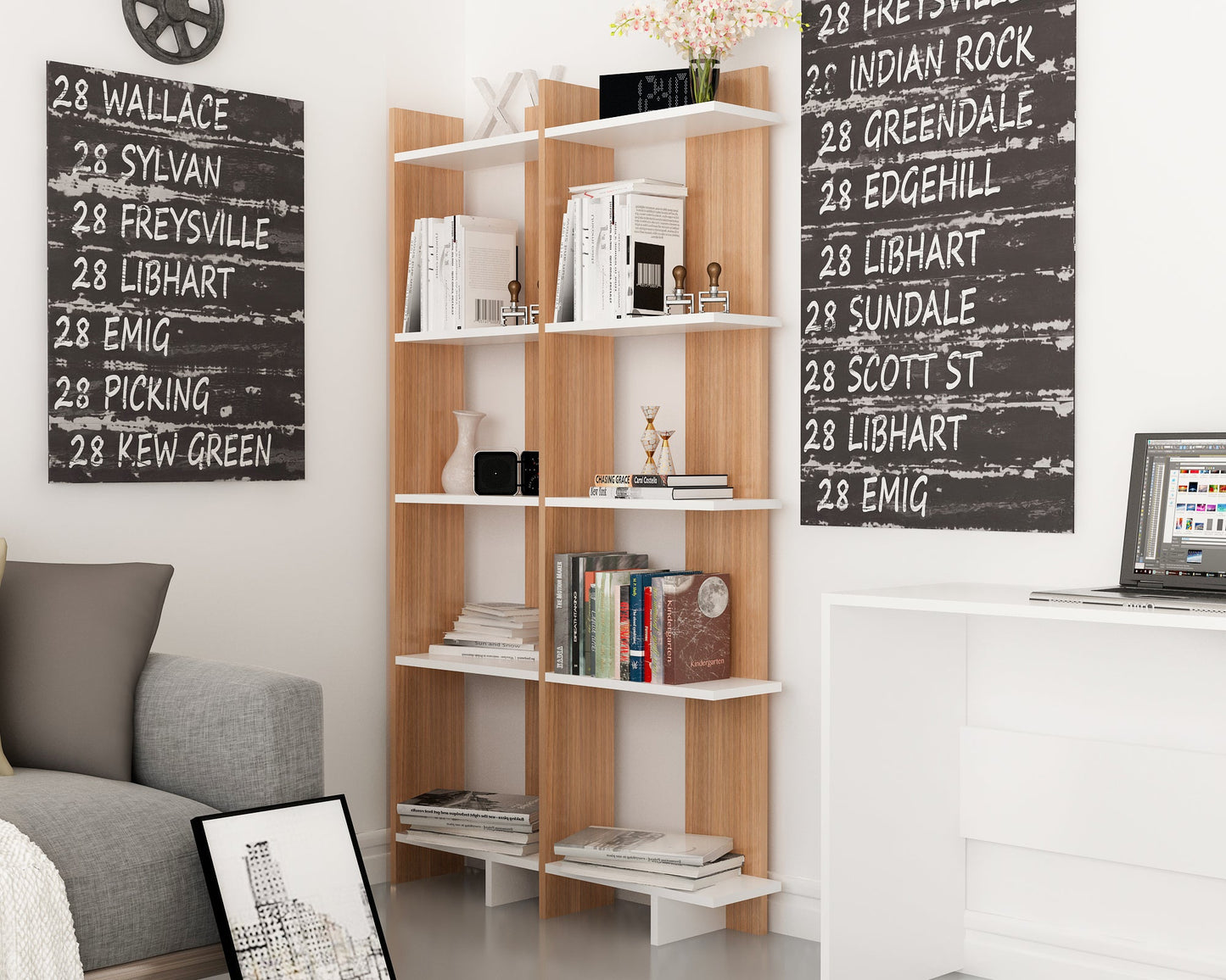 Alice 67” Corner Bookcase – 5-Tier Narrow L-Shaped Wall-Mounted Corner Bookshelf