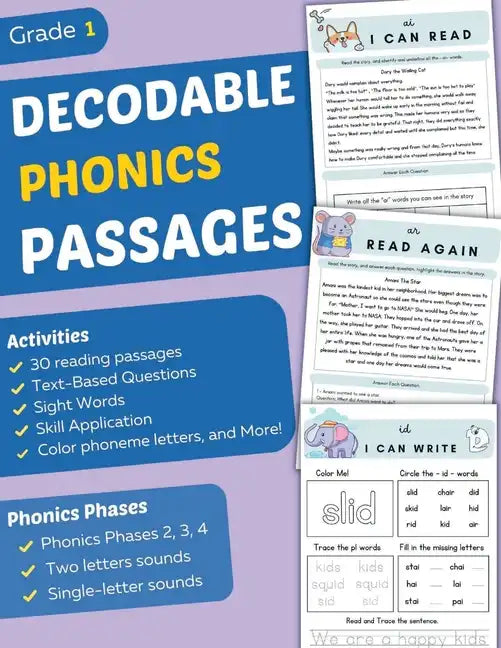 Decodable Phonics Passages Grade 1: Improve Reading and Comprehension Skills for Kids, Decodable Texts and Dyslexia Activities With Phonics and Sounds - Paperback