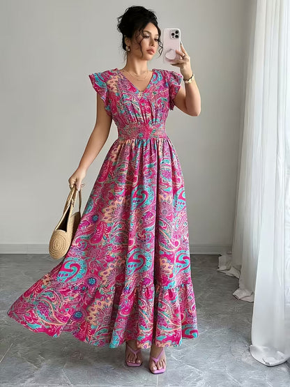 Women's V-Neck Floral Print A-Line Midi Dress – High Waist Sleeveless