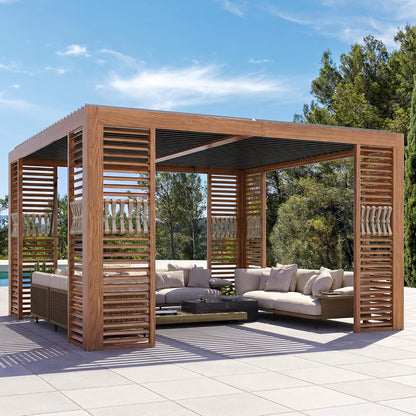 [12X12FT] Alora Premium Outdoor Wood Grain Louvered Pergola With Integrated Drainage (SAK74256)
