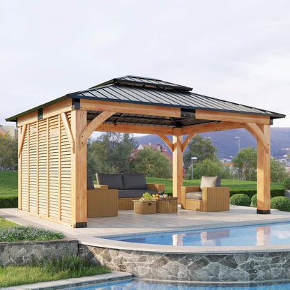 [12X14FT] Alora Modern Double-Tier Hardtop Spruce Wood Gazebo With Built-In Privacy Wall & Ceiling Hooks (SAK75086)