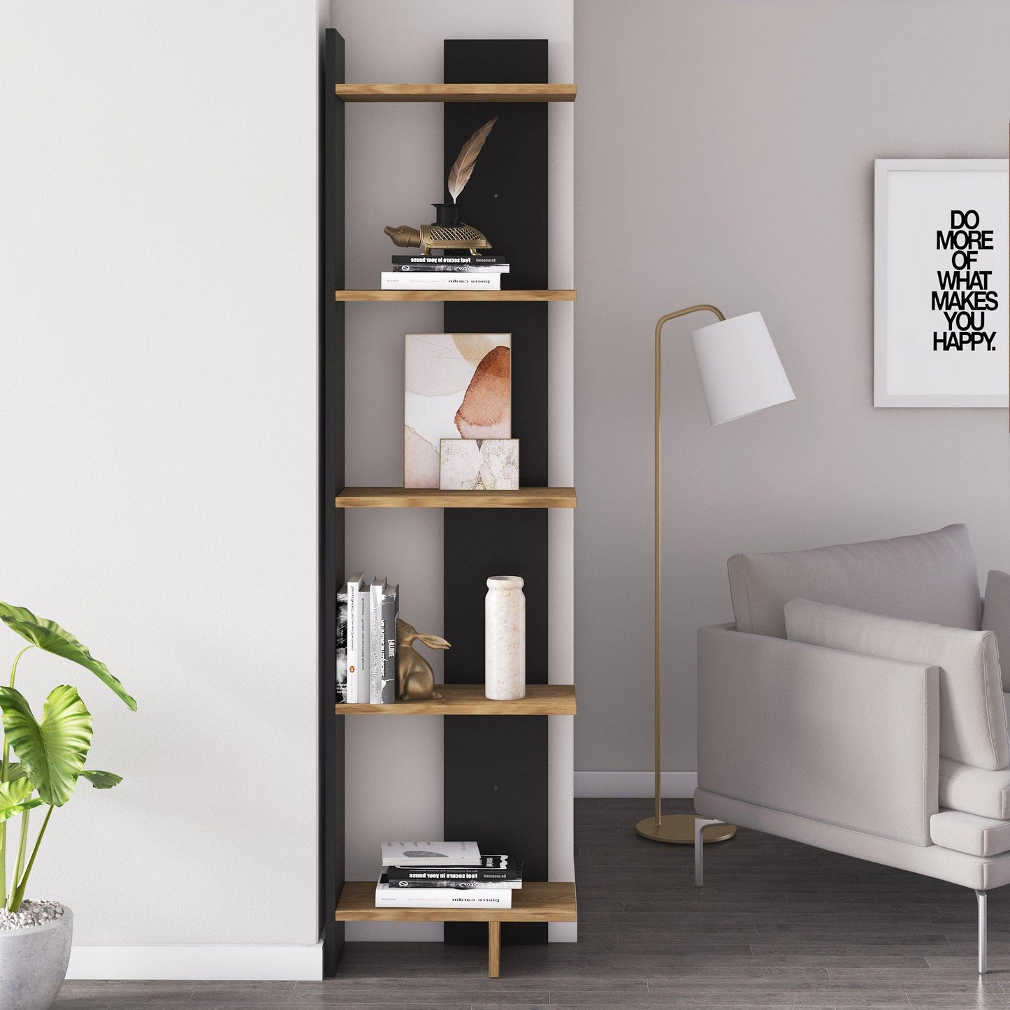 Alice 67” Corner Bookcase – 5-Tier Narrow L-Shaped Wall-Mounted Corner Bookshelf