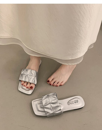 Minimalist Pleated Flat Slide Sandals – Square Toe Faux Leather