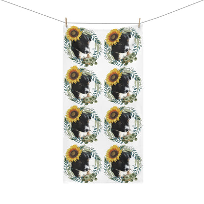 Cute Black Puppy with Sunflower Mink-Cotton Bath Towel