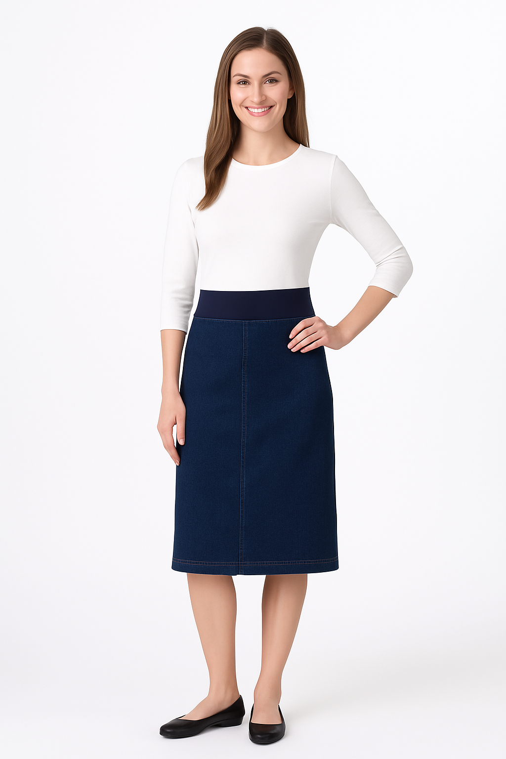 Denim Skirt with Stretch Waistband – Below Knee Length