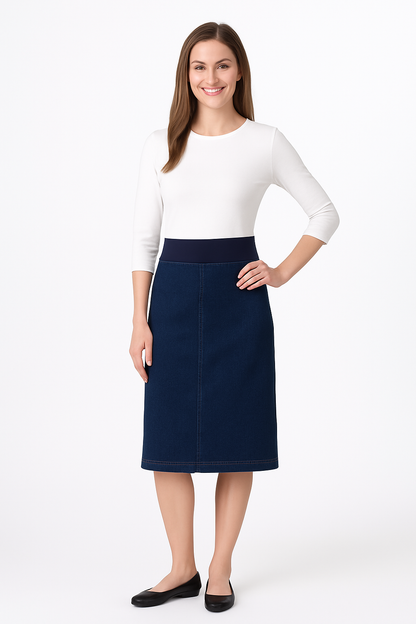 Denim Skirt with Stretch Waistband – Below Knee Length