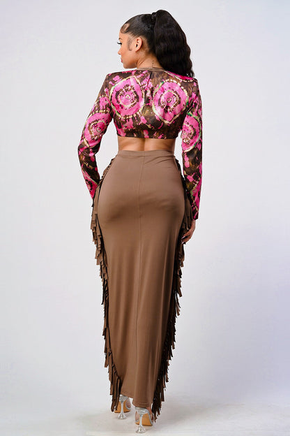 SALE Athina floral print crop top and tassel skirt set