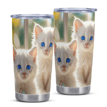 Cute White Kittens with Blue Eyes Stainless Steel 20oz Car Tumbler (Made in USA )