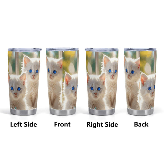 Cute White Kittens with Blue Eyes Stainless Steel 20oz Car Tumbler (Made in USA )