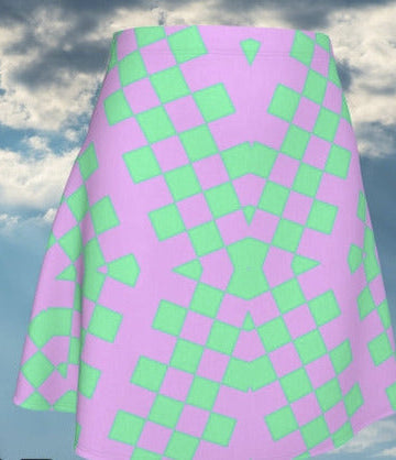 Neon Green Checkered Design Short Flared Skirt