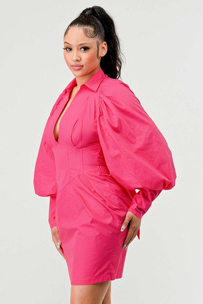 Blush of Elegance: Puff-Sleeve Pink Dress