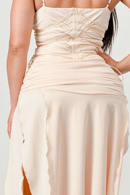 Corset Waist Beige Slit Dress