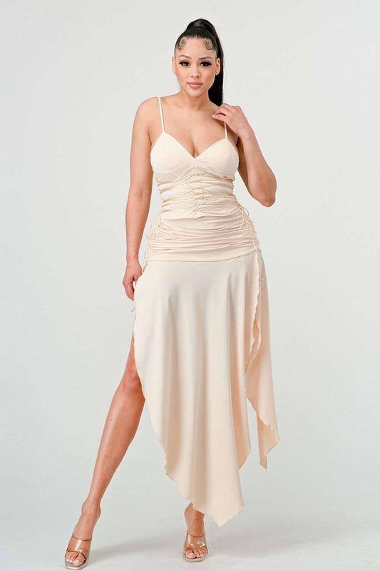 Corset Waist Beige Slit Dress