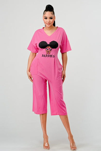 Sassy Chic: Bubblegum Pink Graphic Baddies Jumpsuit Pajamas