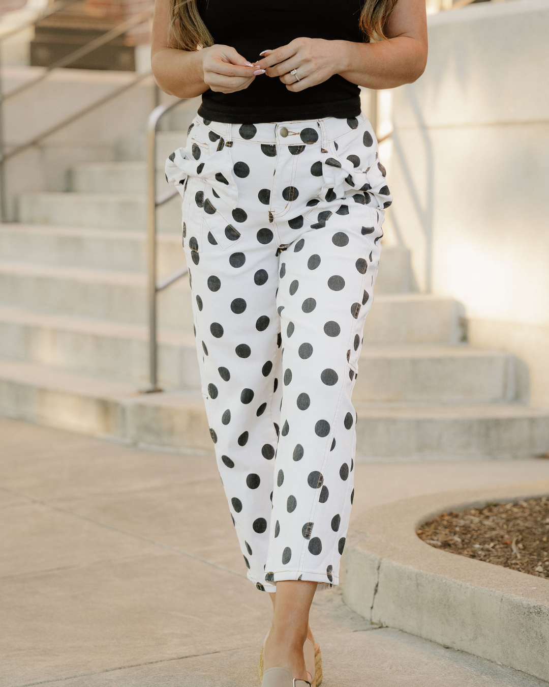 Polka Dot Print Bow Detail Pocketed Jeans