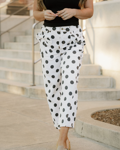 Polka Dot Print Bow Detail Pocketed Jeans