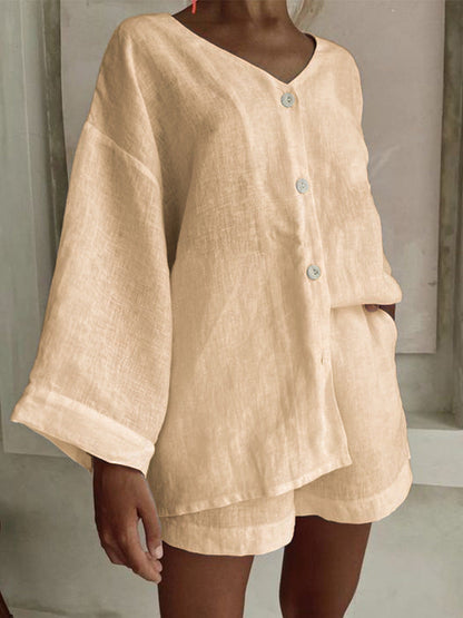 Women's Cotton Linen Shirt & Shorts Set – Long Sleeve, Button, Casual 2-Piece