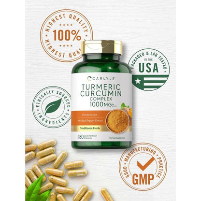 Carlyle Turmeric Curcumin with Black Pepper 1000Mg | 180 Capsules | Turmeric Complex Supplement | Non-Gmo, Gluten Free