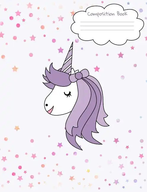 Composition Book: Unicorn Face Back To School Notebook For Girls - Purple Unicorn Face Front And Back Cover With Cute Confetti Stars And Dots - Paperback