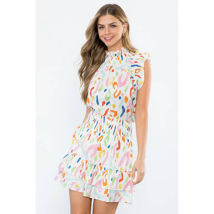 SAVANNAH- White Abstract Print Smocked Ruffle Skirt