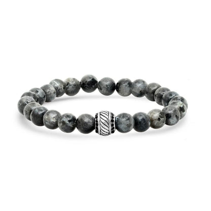 2-Piece Set: Men's Black Leather/Stainless Steel and Gray Agate Bracelets
