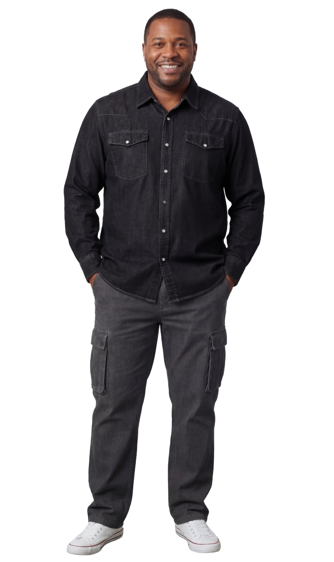 Mens Western Snap Front Button Shirt in Denim and Twill with a Stitched Yoke and Chest Pockets