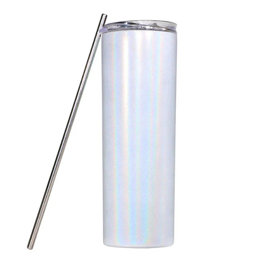 20oz Straight Skinny Blank White Stainless Glitter Tumbler Sparkle Bling Sublimation Tumbler W/Straw & lid