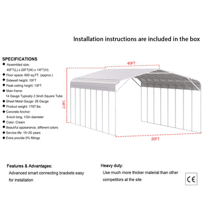 [20X40FT] Alora Heavy-Duty Outdoor High-Clearance Metal Carport (SAK67509)