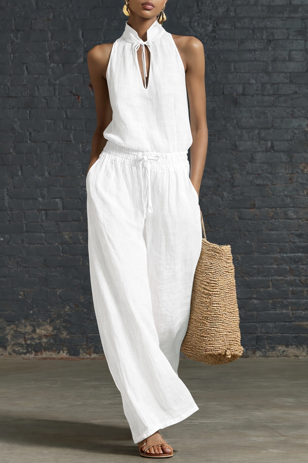Women's Cotton Linen Sleeveless Top & Wide-Leg Pants Two-Piece Set