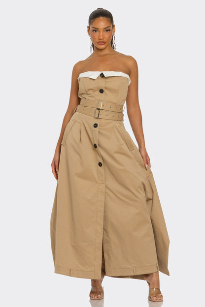 Strapless Belted Trench Maxi Dress