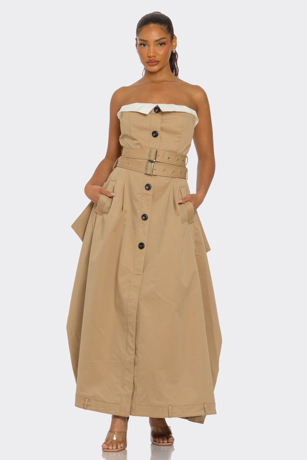 Strapless Belted Trench Maxi Dress