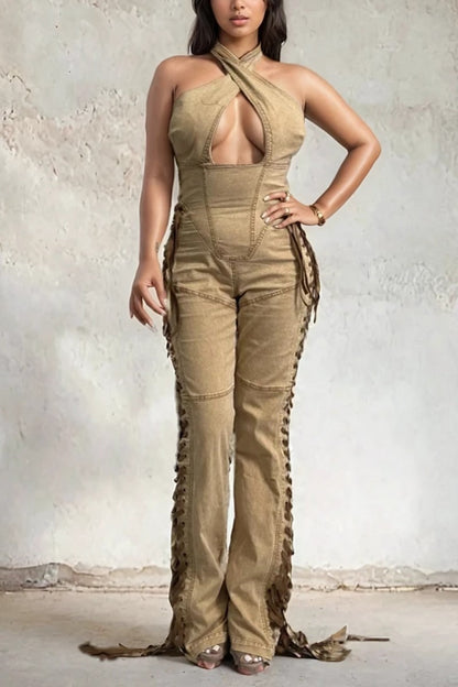 Crisscross Halter Lace-Up Denim Jumpsuit – Camel