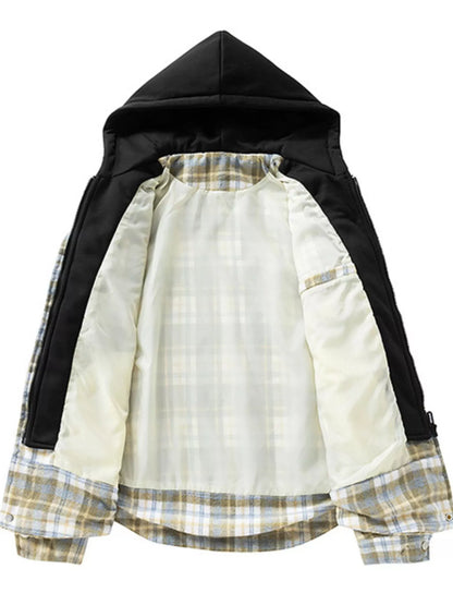 Men's Plus Size Drawstring Hooded Plaid Shirt Jacket