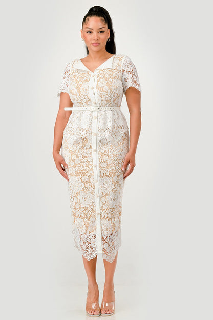 Button-Front Belted Lace Midi Dress – White
