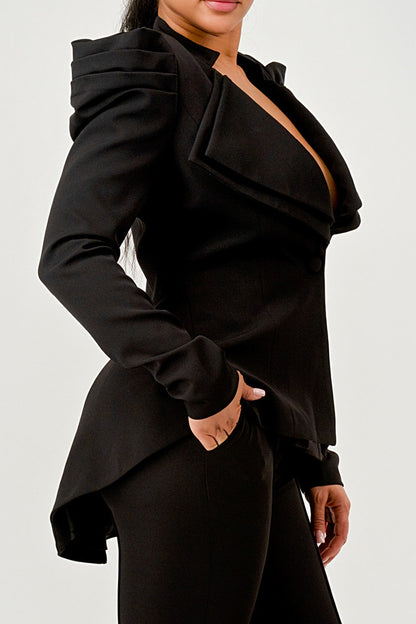 Ruched Shoulder Wide Collar Pant Set